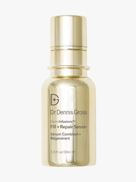 bottle of Dr. Dennis Gross Skincare Derm Infusions Fill + Repair Serum on light gray background